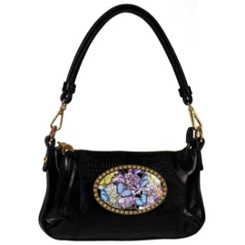Tiny Shoulder – Black Leather – Gold Hardware – Blue Butterfly Magnafab