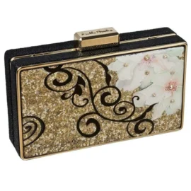 Box Clutch – Gold Hardware – Gold Flower Vine